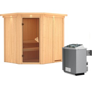 Karibu Sauna-Set Swenna mit Ofen und Dachkranz aus Fichte. Elementsauna mit Glastür und Ofen.