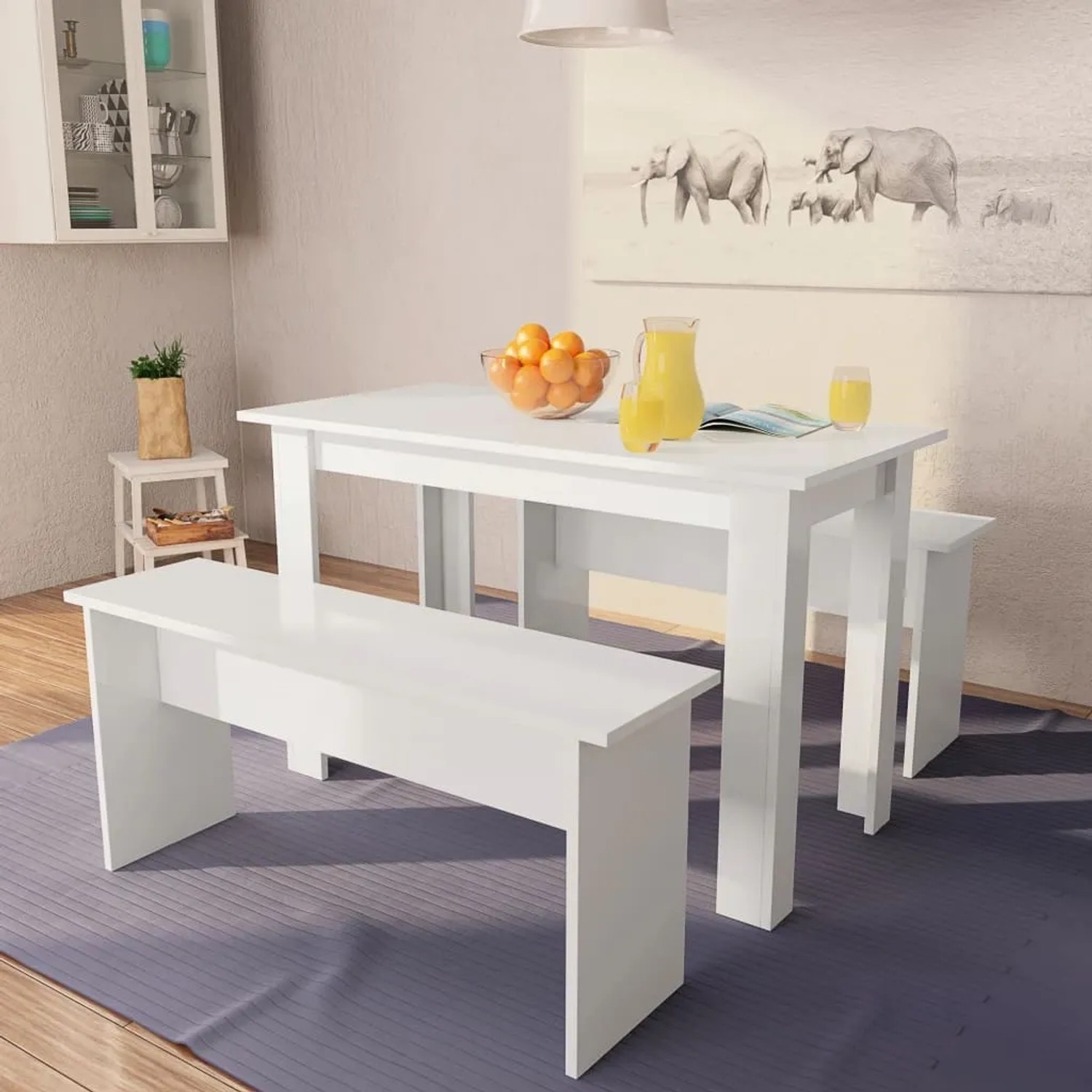 vidaXL Essgruppe, 3-teilig, weiß. Tisch mit zwei Bänken aus Holzwerkstoff. Modernes Design für Esszimmer oder Küche.
