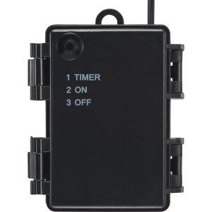 Detailaufnahme: Schwarzes Batteriefach mit Timer-Funktion für Lichtfigur Stern mit LEDs.