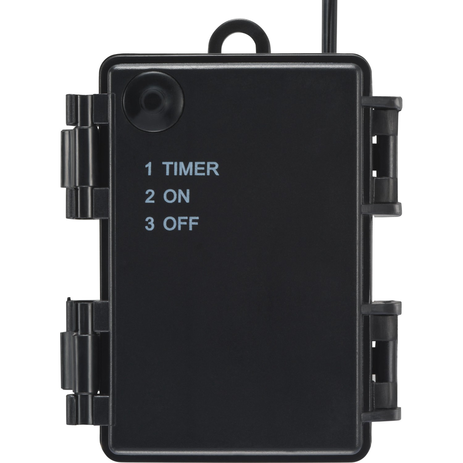 Detailaufnahme: Schwarzes Batteriefach mit Timer-Funktion für Lichtfigur Stern mit LEDs.