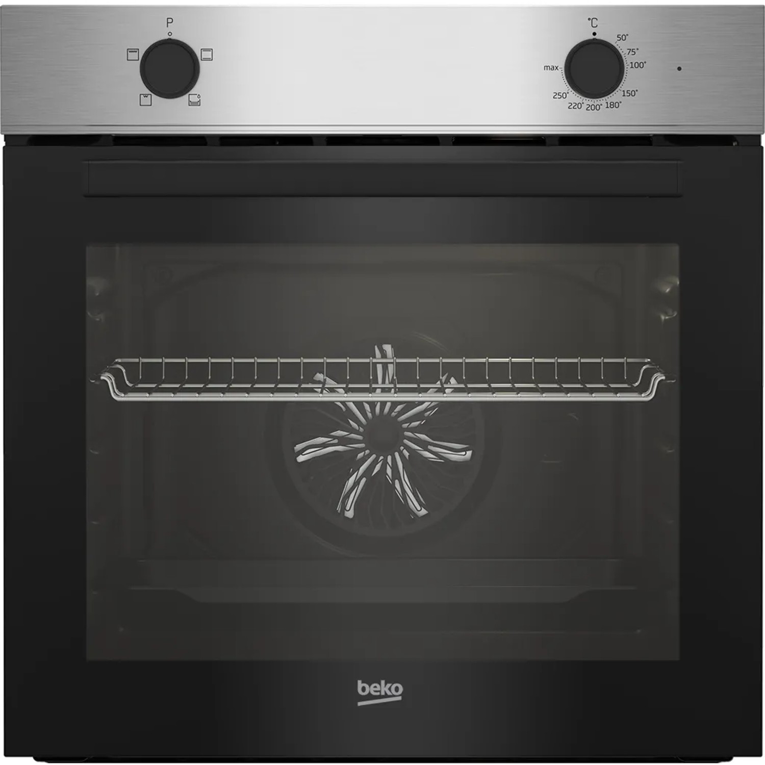 Beko Einbaubackofen für pino Küchenzeile, Edelstahl-Optik, mit Garraumbeleuchtung und Bedienknebeln.