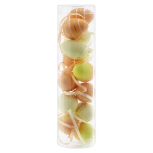 Box mit 12 gelb-orangen Ostereiern mit Aufhängeband in transparenter Verpackung.