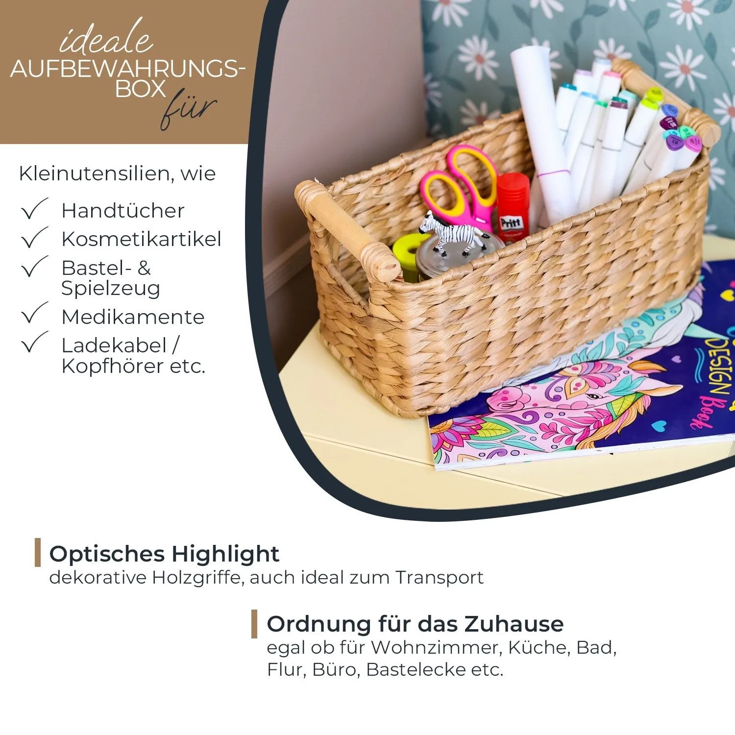 HMF 37279-30CM Aufbewahrungskorb Badezimmer Korb Geflochten Wasserhyazinthe Holzgriffen 30 x 15 x 13 cm_2