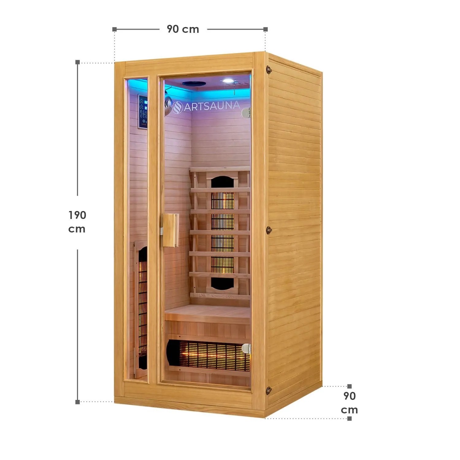 Artsauna Infrarotkabine Nyborg S90V aus Hemlockholz mit Vollspektrumstrahlern, Seitenansicht mit Maßangaben.