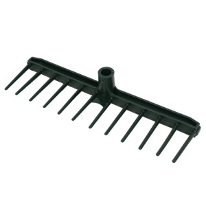 Dunkelgrüner Kunststoffrechenaufsatz, 42 cm breit, mit 12 Zinken für Laub und Gartenarbeit.
