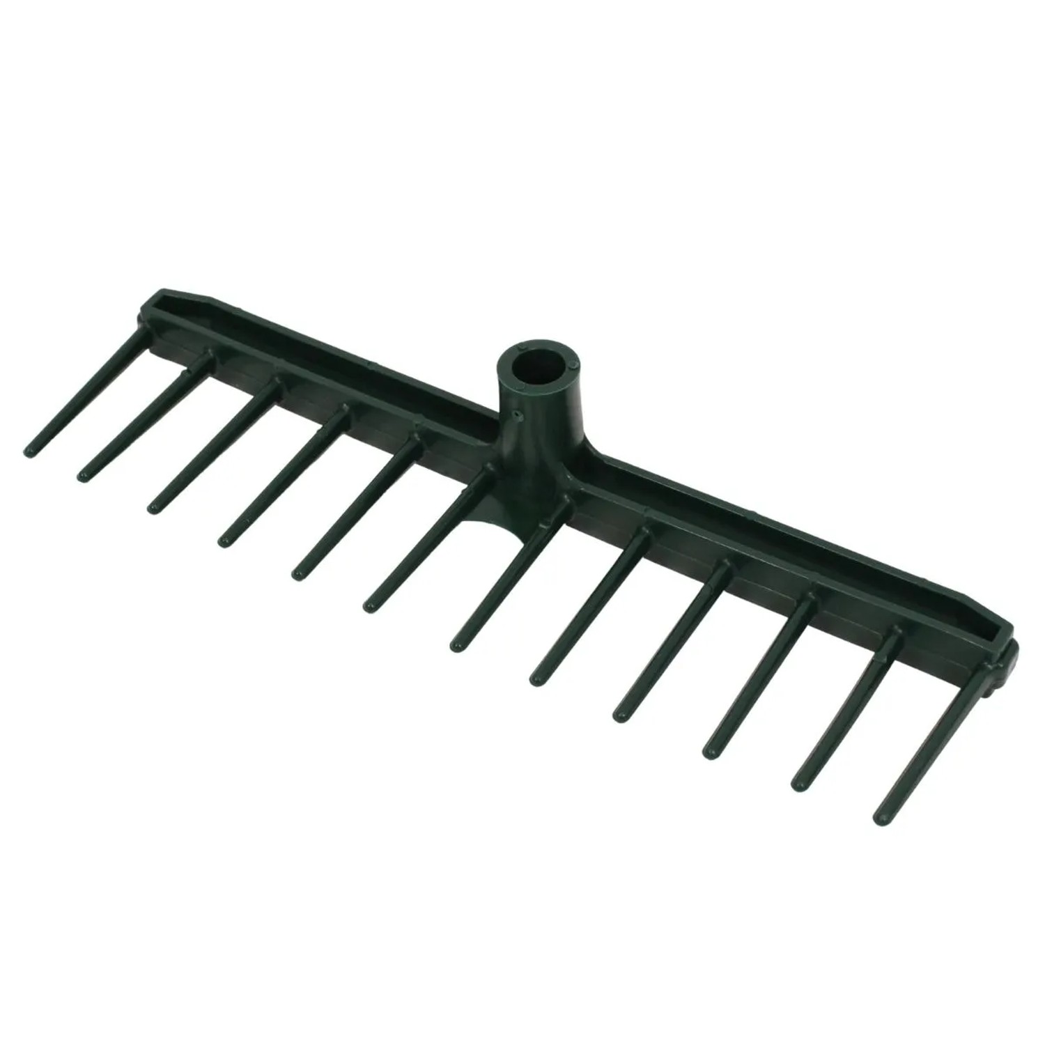 Dunkelgrüner Kunststoffrechenaufsatz, 42 cm breit, mit 12 Zinken für Laub und Gartenarbeit.