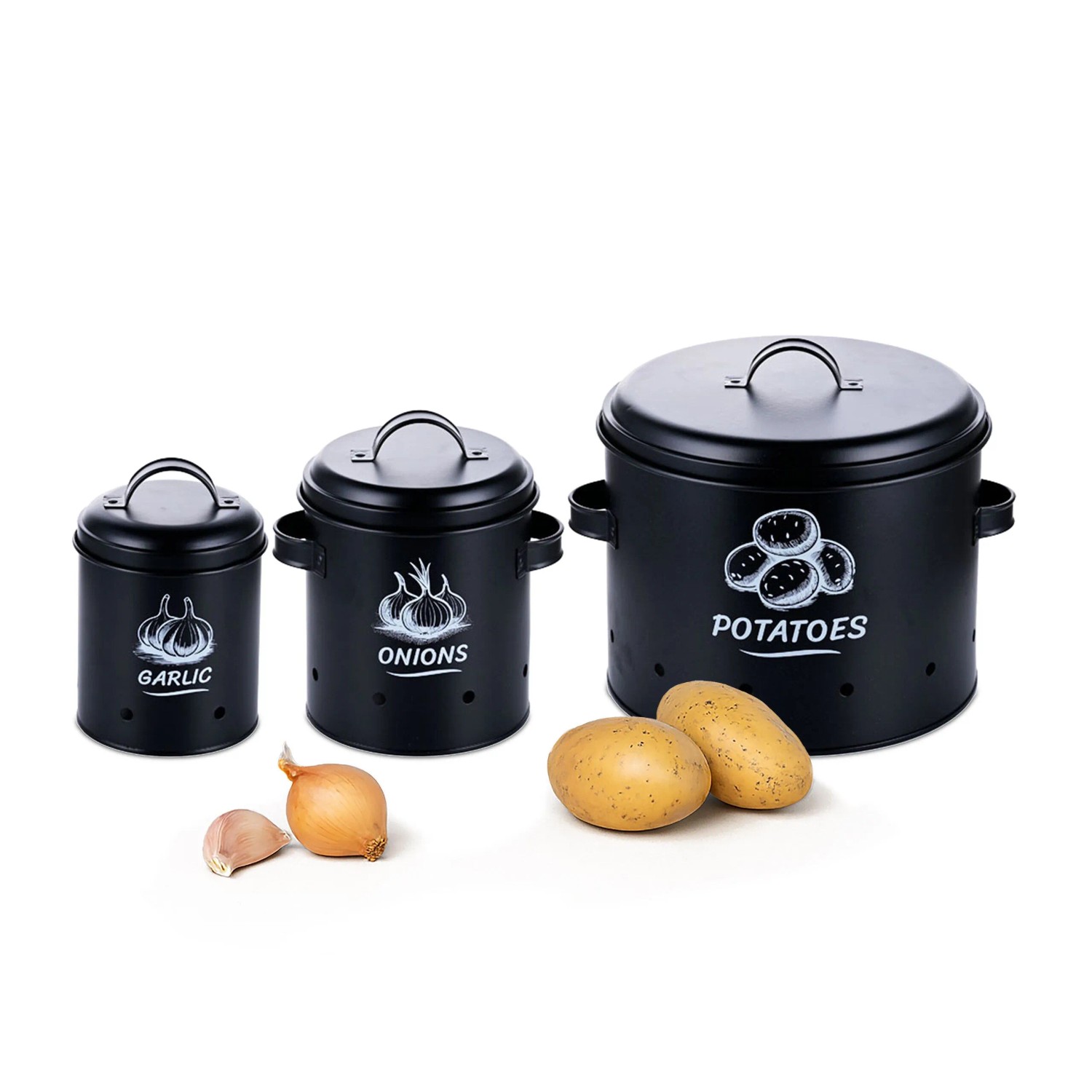 Relaxdays Kartoffel Aufbewahrungsbox 3er Set Stahl Schwarz Belüftet 21 cm x 26 cm x 23,5 cm