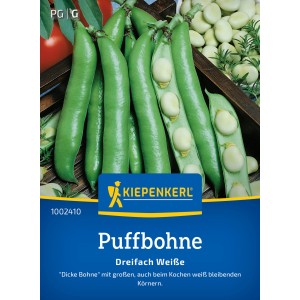 Kiepenkerl Puffbohne Dreifach Weiße: Grüne Bohnen und weiße Kerne auf der Packung.