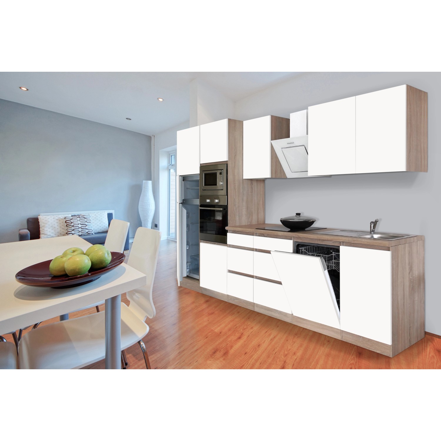Moderne Respekta Küchenzeile, 345 cm, Weiß Matt und Eiche Sägerau, mit E-Geräten und grifflosen Fronten.