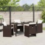 Braune 5-tlg. vidaXL Garten Essgruppe aus Poly Rattan mit Tisch und Stühlen mit Kissen.