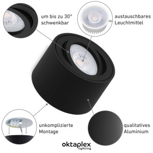 Oktaplex Lile S Aufbaustrahler 3er Set, schwarz, schwenkbar, mit LED Modulen für warmweißes Licht.