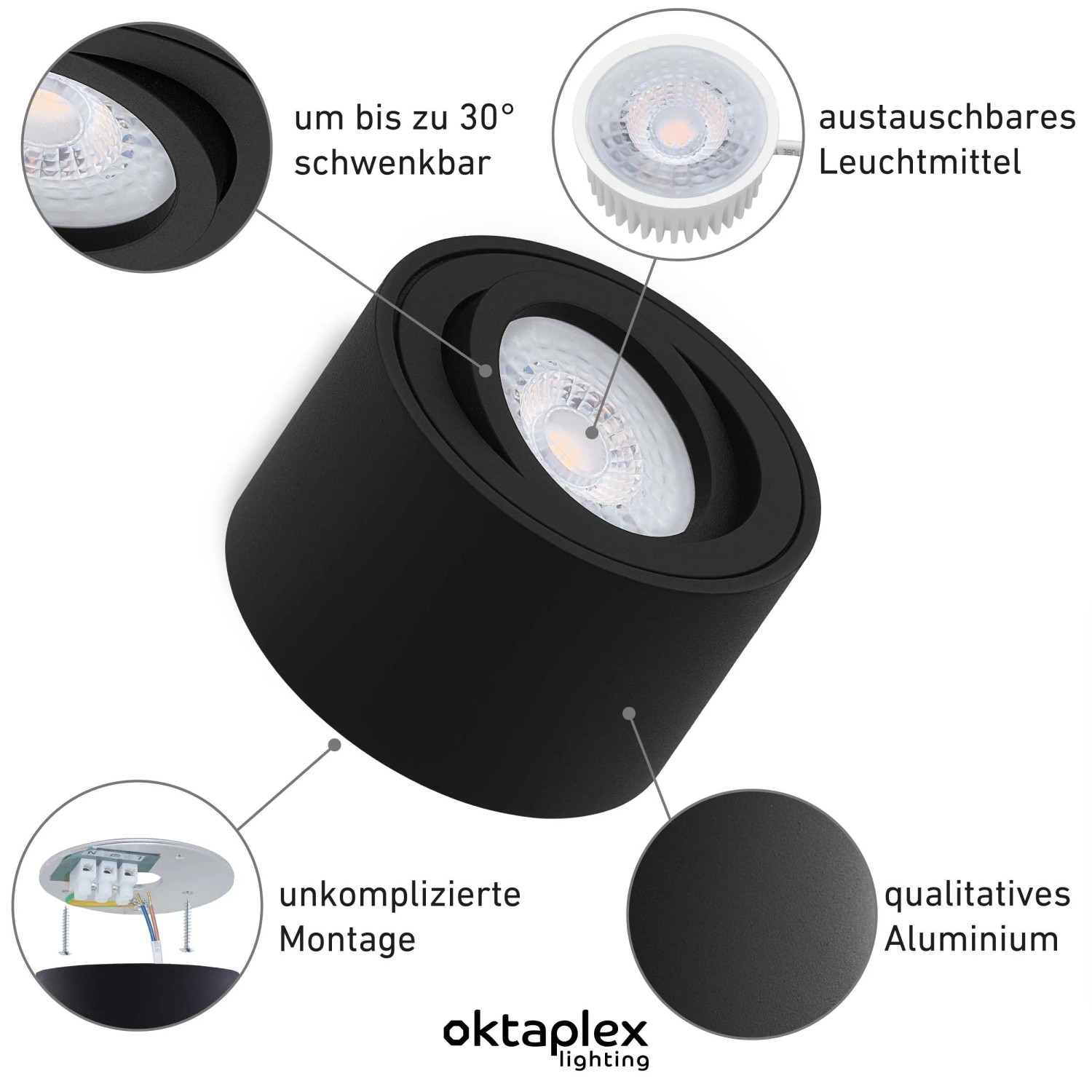 Oktaplex Lile S Aufbaustrahler 3er Set, schwarz, schwenkbar, mit LED Modulen für warmweißes Licht.