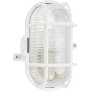 Ovale, weiße Kellerleuchte mit Schutzkorb, 17x12x10,5 cm, E27 max. 60W.