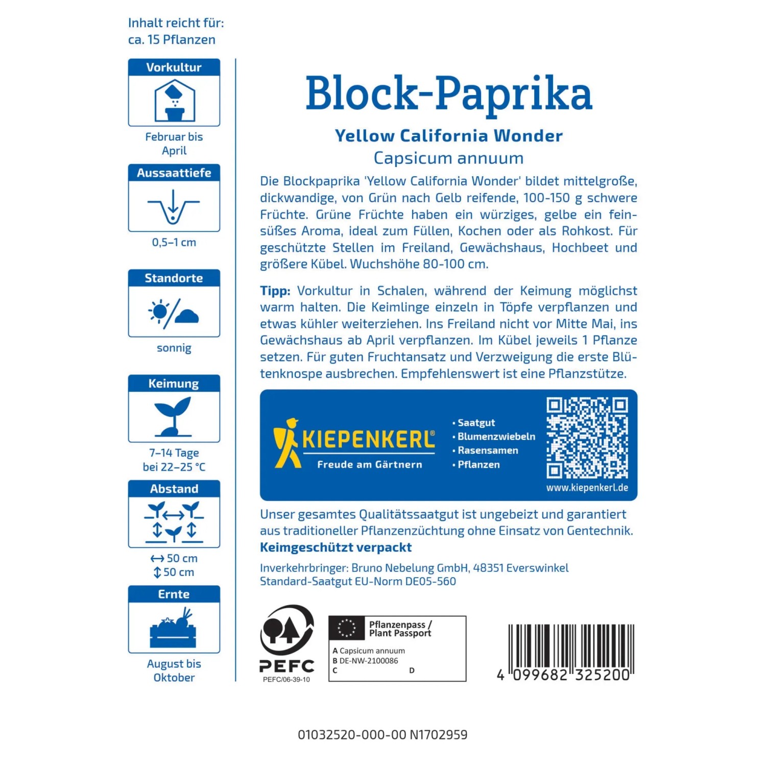 Kiepenkerl Paprika Yellow California Wonder Samenpackung. Gemüsesamen für gelbe Blockpaprika.