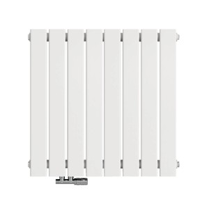 Weißer Emke Flachheizkörper, 63x62cm, 450W, einlagig, für Bad und Wohnraum.