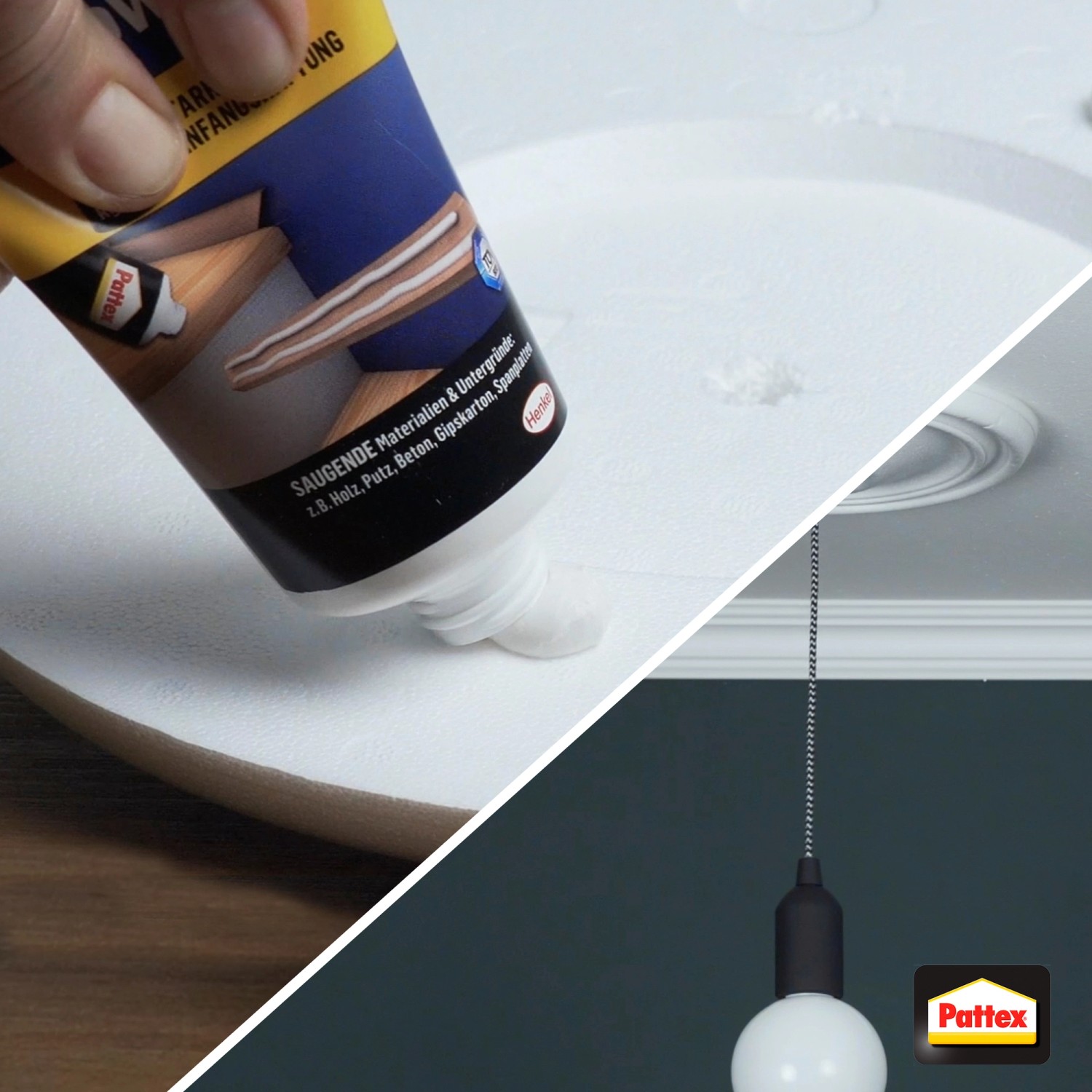 Pattex Montagekleber Power Tube beim Auftragen auf eine Deckenrosette. Kleber für saugende Materialien.