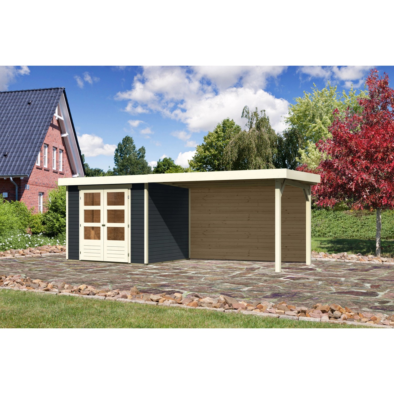 Karibu Gartenhaus Boras 3 Anthrazit 497 cm x 217 cm mit Anbaudach und Rückw günstig online kaufen