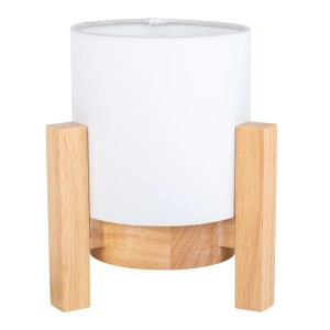 Näve LED-Akkutischleuchte Madita mit Holzfuß und weißem Textilschirm.