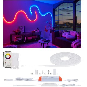 Paulmann MaxLED Flow RGB Set: 5m LED-Streifen mit Fernbedienung, Zubehör und Wohnraum-Anwendung.