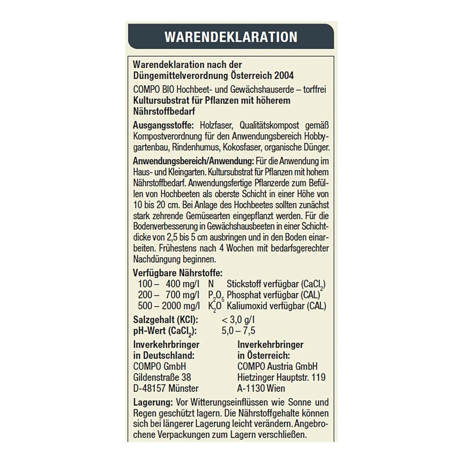 Detail der Inhaltsangabe von Compo Bio Hochbeet- und Gewächshauserde.