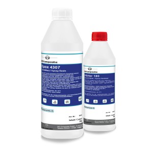 DD Composite Epoxidharz-Set: Epox 4307 Harz und Härter 180 in weißen Flaschen.