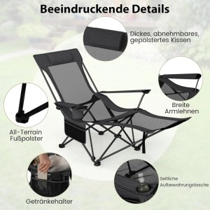 Grauer Costway Campingstuhl mit Fußablage. Zeigt gepolstertes Kissen, breite Armlehnen, Seitentasche, Getränkehalter, rutschfeste Füße.