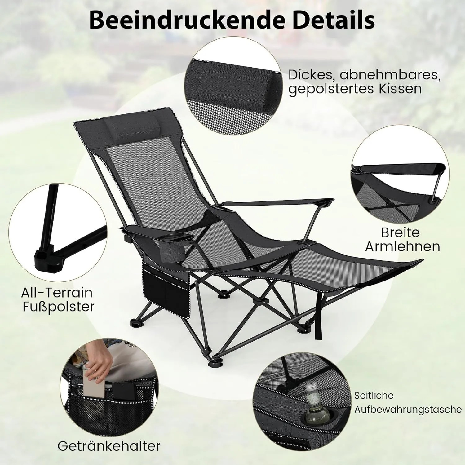 Grauer Costway Campingstuhl mit Fußablage. Zeigt gepolstertes Kissen, breite Armlehnen, Seitentasche, Getränkehalter, rutschfeste Füße.