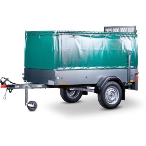 Stema Green Keeper 750 Autoanhänger mit grüner Hochplane, Stützrad und Abstellstützen.