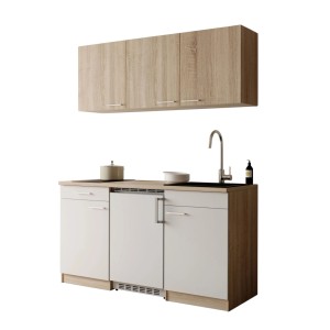 Respekta Ingrid Singleküche 150 cm: weiße Fronten, Eiche Nordic Korpus, Glaskeramikkochfeld, Spüle, Kühlschrank, Oberschränke.