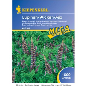 Kiepenkerl Lupinen-Wicken-Mix Gründünger im Detail: Blühende Pflanzen auf der Packung.