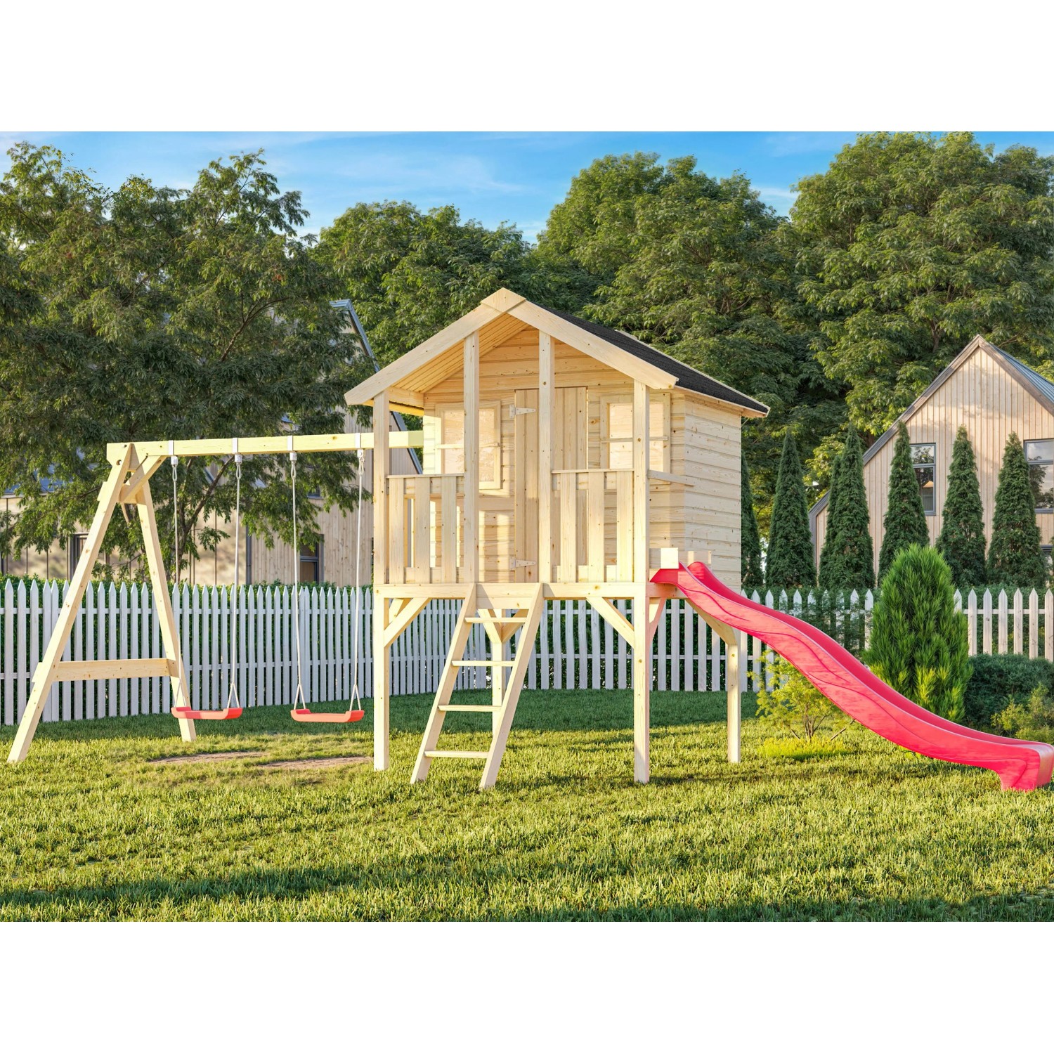 Palmako Toby Set: Spielhaus mit Schaukel und Rutsche aus unbehandeltem Holz für Kinder.