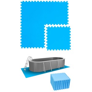 Blaue eyepower Poolunterlage: 50x50 cm EVA-Schaumstoff Puzzlematten, unter Pool und gestapelt gezeigt. Schutz für Gartenpool.