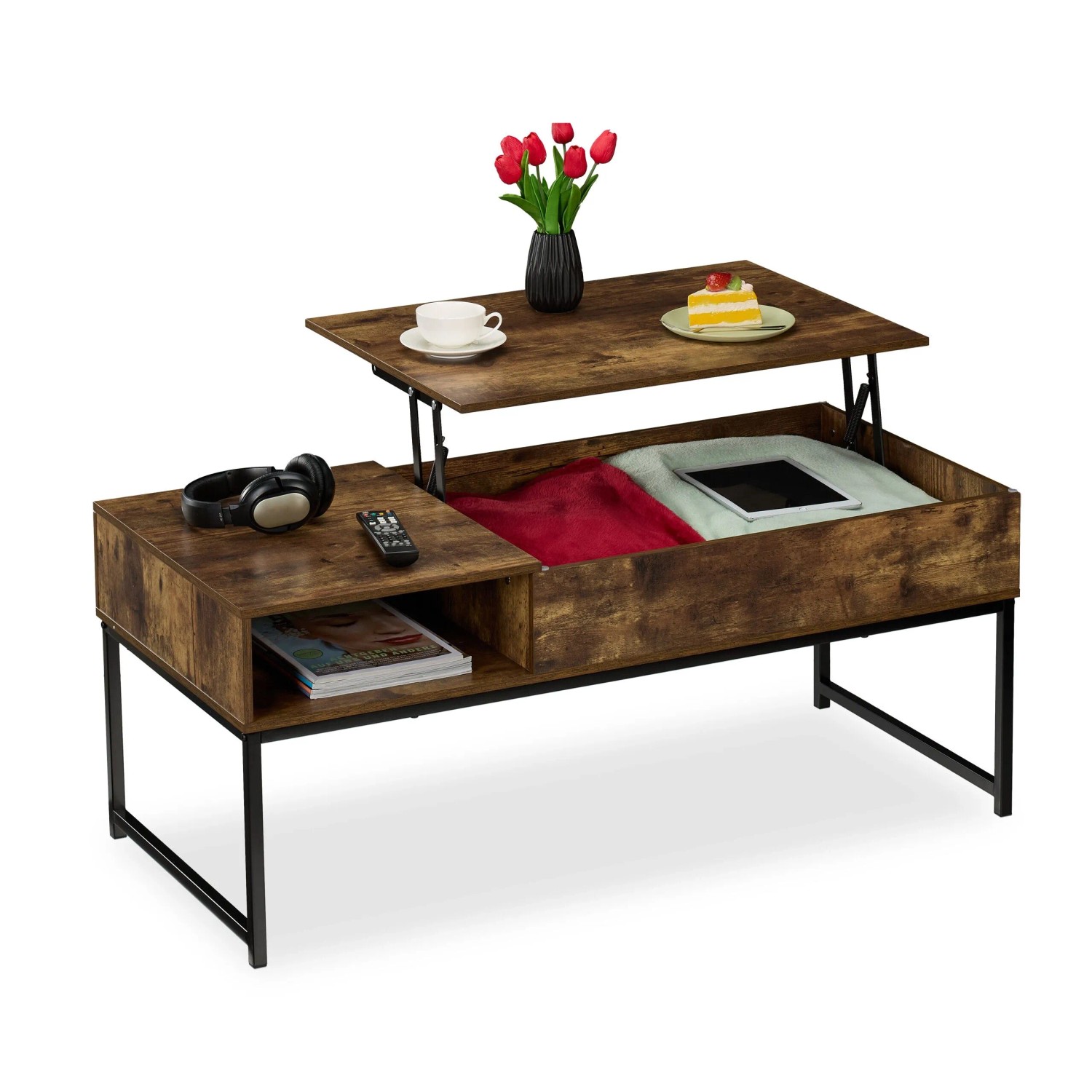 Relaxdays Couchtisch Spanplatte Eisen Schwarz Aufklappbar Höhenverstellbar 45 cm x 110 cm x 50 cm 16,4 kg