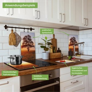 Banjado 2-teilige Herdabdeckplatte aus Glas mit Sonnenaufgang-Motiv als Schneidebrett und Spritzschutz.