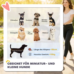 Kleine Hunderassen (Chihuahua, Yorkshire, Zwergspitz) zeigen Eignung für Hundewagen bis 10kg, Körperlänge <35cm.