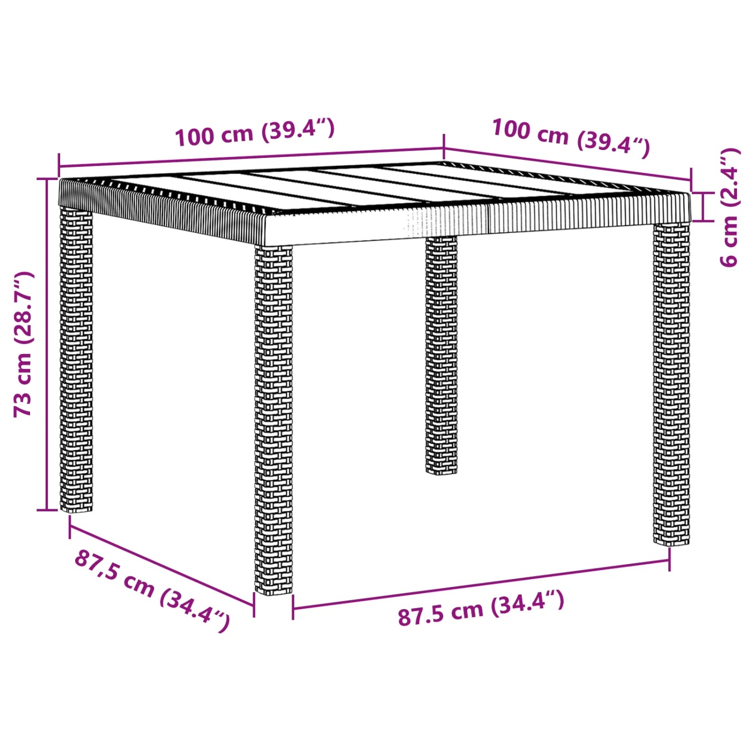 vidaXL Garten-Essgruppe, 3-teilig, weißes Poly Rattan, rechteckiger Tisch mit Maßen.