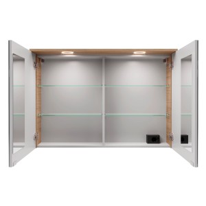 Offener Fackelmann Spiegelschrank Vita Summer Oak mit LED-Beleuchtung und Glasböden.