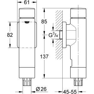 Technische Zeichnung Grohe Druckspüler Rondo A.S. für WCs mit Maßangaben.