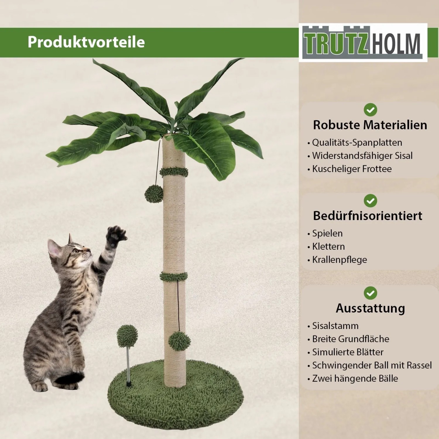 TRUTZHOLM Kratzbaum Palme, 85cm hoch, mit Sisalstamm und Frottee, Katze beim Spielen.