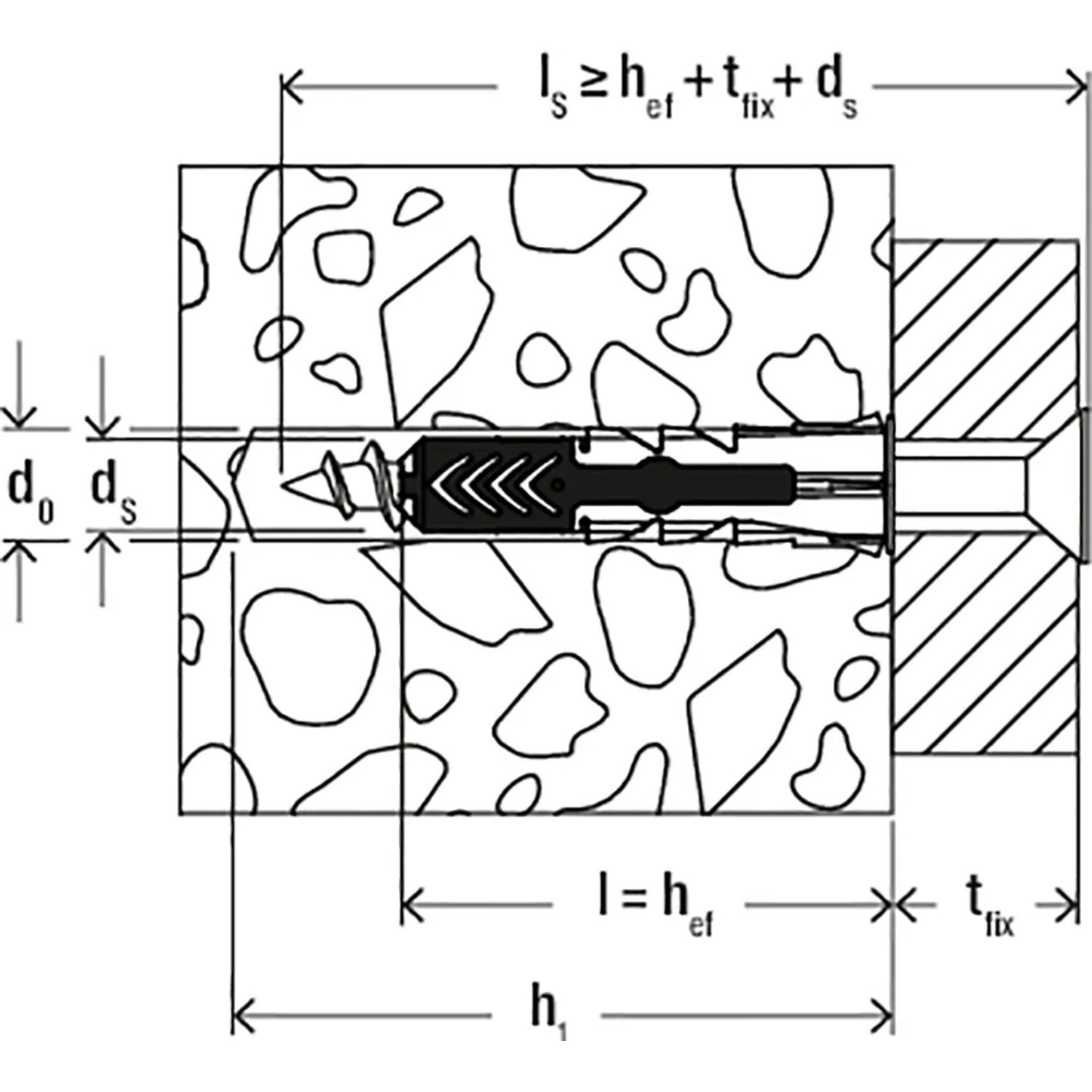 Skizze: Fischer Dübel DuoPower 10x80 mit Schraube im Mauerwerk, Bemaßung für Bohrloch und Dübellänge.