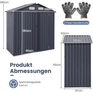 Costway Gerätehaus aus Metall, dunkelgrau, mit Maßangaben und zwei Paar Handschuhen.
