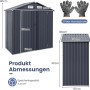 Costway Gerätehaus aus Metall, dunkelgrau, mit Maßangaben und zwei Paar Handschuhen.