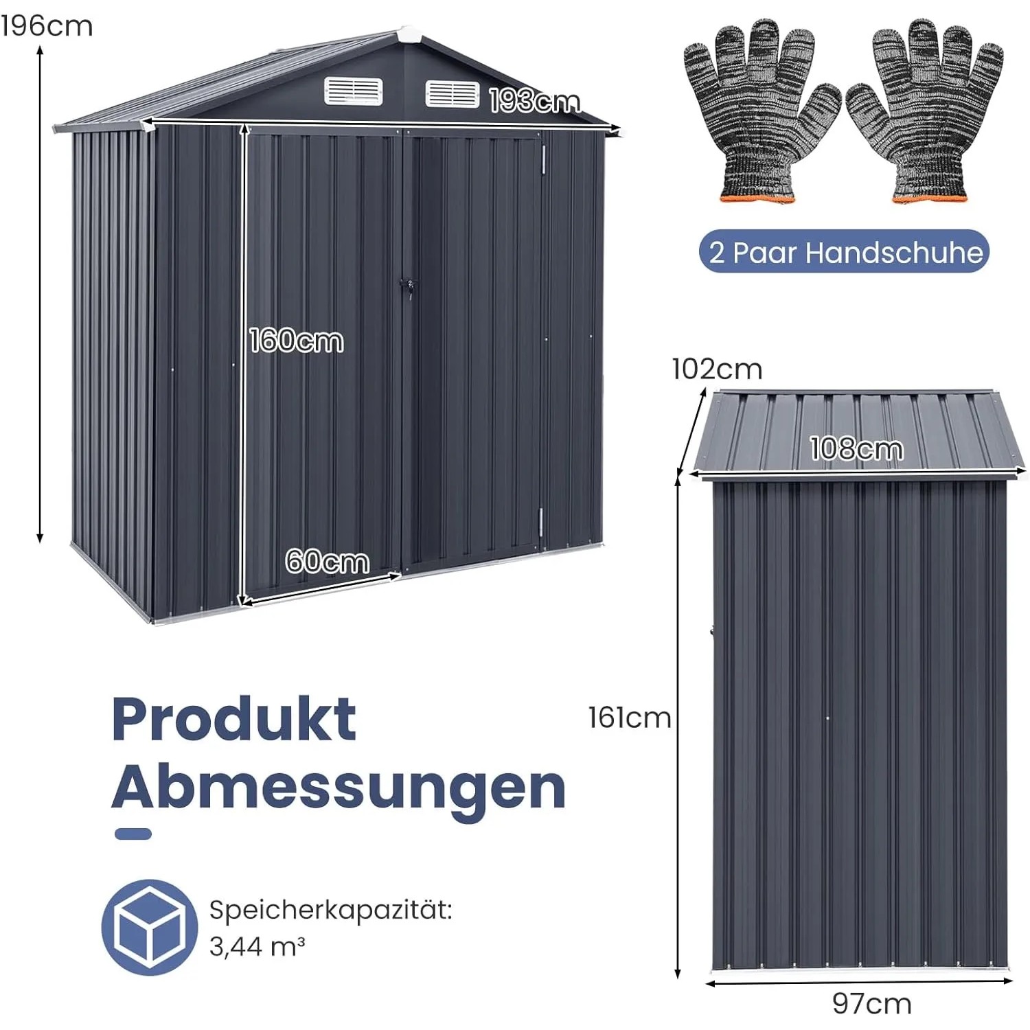 Costway Gerätehaus aus Metall, dunkelgrau, mit Maßangaben und zwei Paar Handschuhen.
