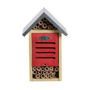Esschert Insektenhotel M aus Holz mit roter Klappe und Bambusröhren.