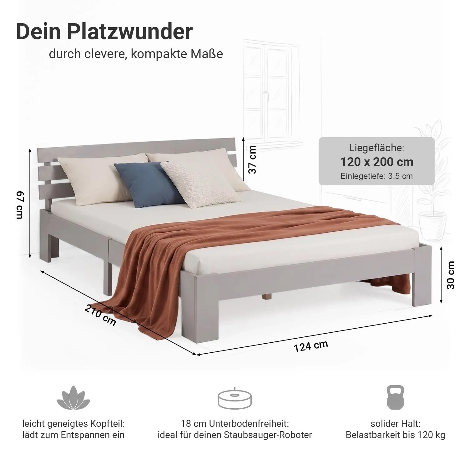 Homestyle4u Holzbett 120 x 200 cm inkl. Lattenrost Grau 2036 kaufen bei OBI