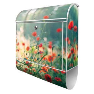 Silberner Banjado Briefkasten mit Waldmohn Motiv und Zeitungsfach. Pulverbeschichtet, 39x47x14cm.