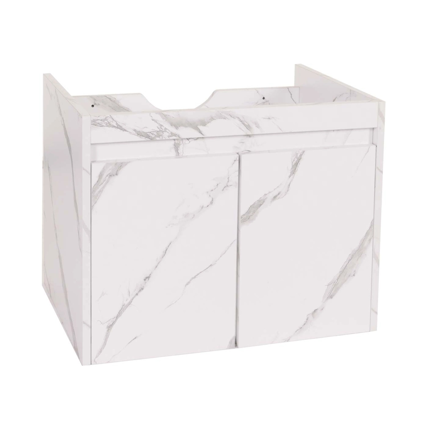 MCW Waschbeckenunterschrank L86 in Marmor-Optik Weiß mit zwei Türen und Soft-Close-System.