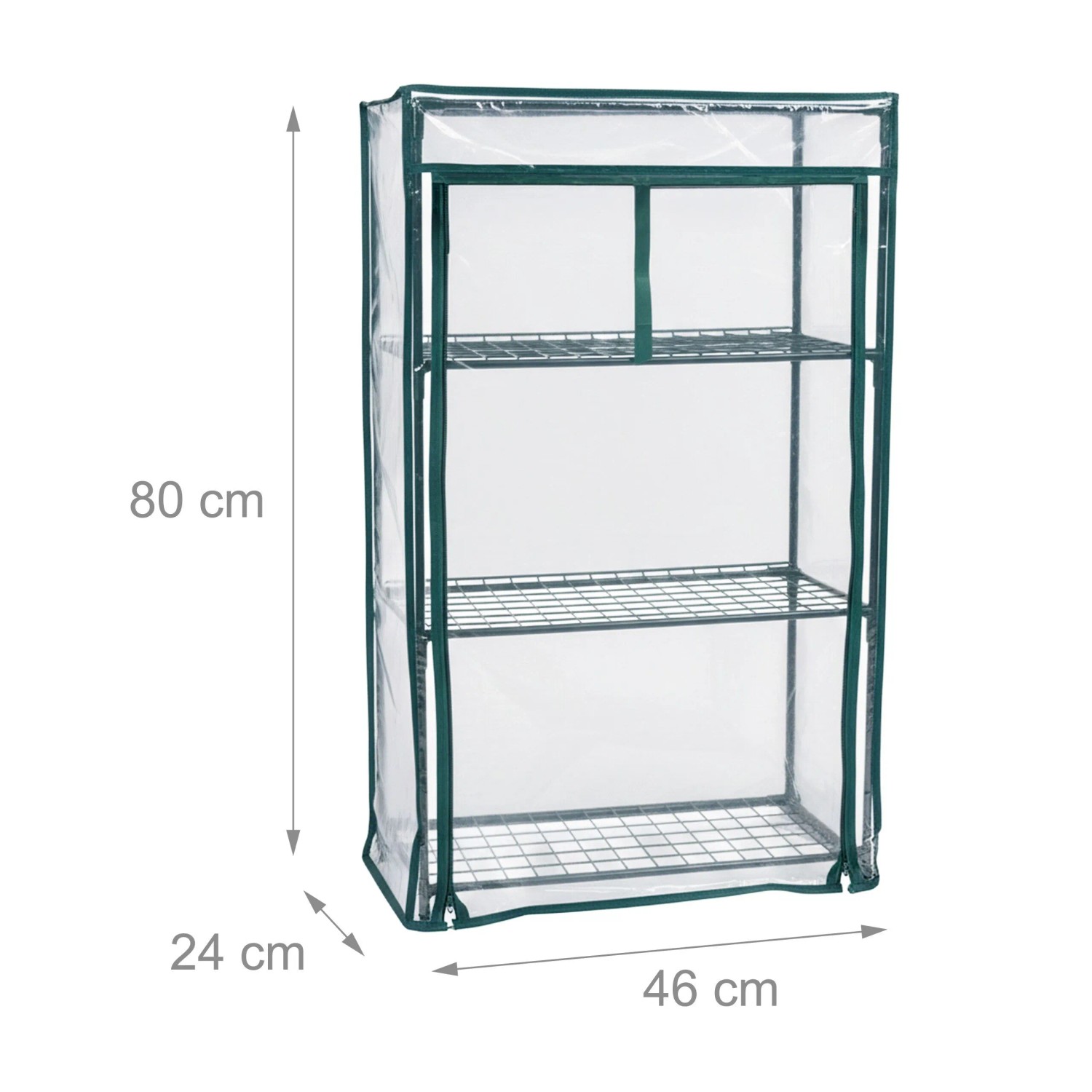 Grünes Balkongewächshaus mit transparenter PVC-Folie, 3 Gitteretagen und Stahlrahmen. Maße: 80x46x24 cm.