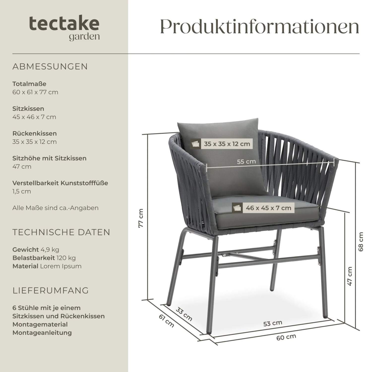 Dunkelgrauer Tectake Valeiras Gartenstuhl mit Seilgeflecht, dicken Polstern und Metallgestell. Maße: 60x61x77 cm.