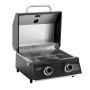 Kompakter schwarzer Taino Platinum Gasgrill mit 2 Edelstahlbrennern und offenem Deckel. Ideal als Tischgrill für Camping & BBQ.